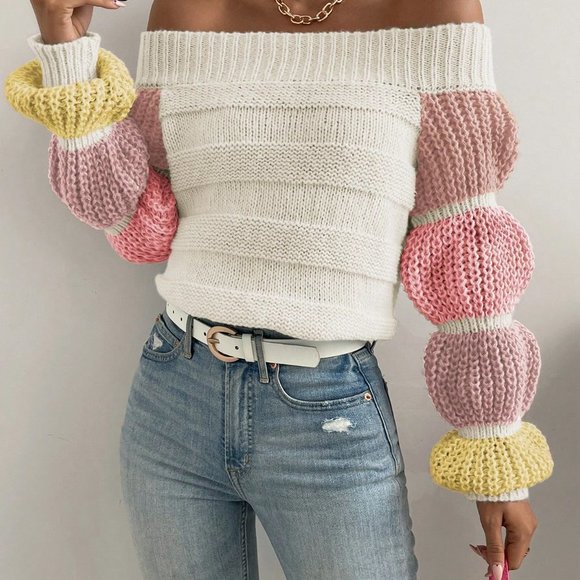 . Sweaters - Apricot Casual Womens Off Shoulder Colorblock Virago Sleeve Sweater